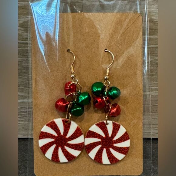 Gold Tone Fashion Peppermint and Bells Earrings Winter Holiday Christmas NEW - Picture 1 of 1
